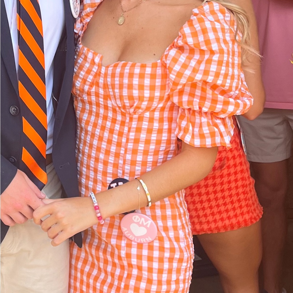 Orange Gingham Off-Shoulder Dress